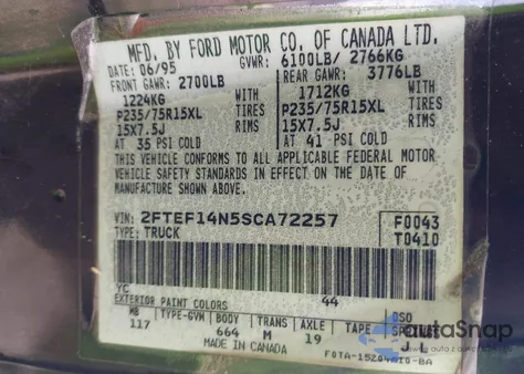 1995 Ford F150 из США, поврежденный, VIN 2FTEF14N5SCA72257